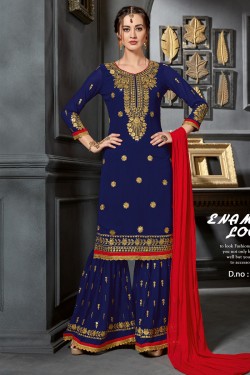 Classic Navy Blue Georgette Embroidered Work Plazo Salwar Suit With Nazmin Dupatta
