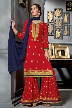 Pretty Red Georgette Embroidered Work Plazo Salwar Suit With Nazmin Dupatta