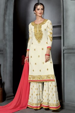 Beautiful Off White Georgette Embroidered Work Plazo Salwar Suit