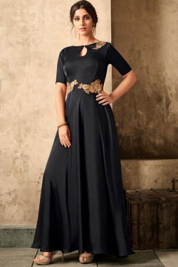 Admirable Black Satin Khatli Work Long length Designer Gown