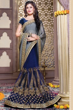 Lovely Grey Satin and Net Embroidered Designer Saree