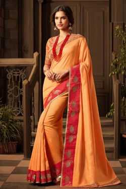 Lovely Orange Silk Designer Border Work Saree