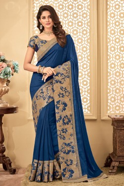 Beautiful Blue Jacquard and Silk Embroidered Designer Saree