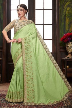 Gorgeous Green Teal Silk Border Work Saree With Silk Blouse