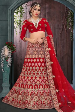 Beautiful Red Velvet Embroidered Bridal Lehenga Choli With Net Dupatta