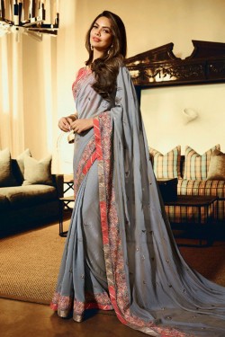 Esha Gupta Admirable Grey Georgette Embroidered Party Wear Saree With Silk Blouse