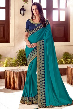 Pretty Turquoise Net Embroidered Saree