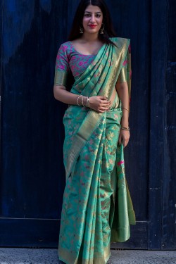 Pretty Green Silk Designer Embroidered Work Saree