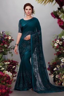 Desirable Navy Blue Embroiderd Work Party Wear Saree
