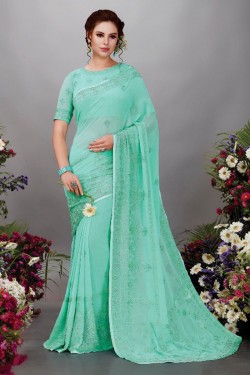 Stylish Turquoise Georgette Party Wear Saree