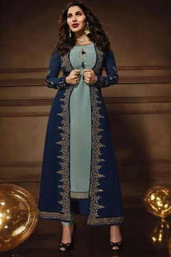 Beautiful Navy Blue Georgette Embroidered Work Designer Salwar Suit
