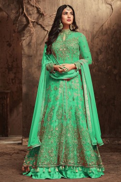 Sonal Chauhan Gorgeous Green Net Embroidered Work Anarkali Salwars Suit