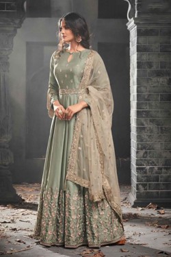 Sonal Chauhan Desirable Green Silk Embroidered Work Anarkali Salwar Kameez