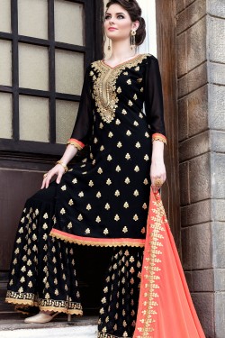 Graceful Black Georgette Embroidered Work Sharara Plazo Salwar Suit