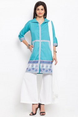 Stylish Blue Cotton Plus Size Embroidered Work Readymade Salwar Suit
