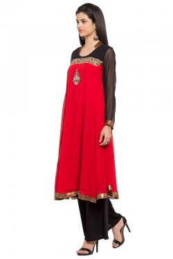 Supreme Red Georgette and Faux Crepe Plazzo Plus Size Readymade Salwar Suit