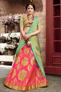 Excellent Pink Banarasi Silk Lehenga Choli with Banarsai Silk Dupatta
