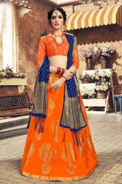 Beautiful Orange Banarasi Silk Designer Lehenga with Banarasi Silk Dupatta