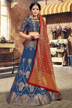 Classic Blue Embroidred Work Banarasi Silk Designer Lehenga Choli
