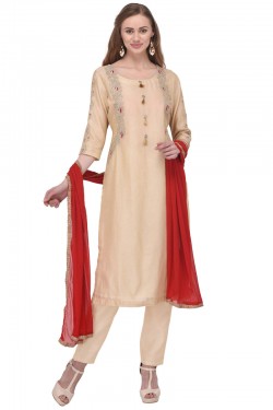 Charming Cream Chanderi Straight Pants Plus Size Readymade Salwar Suit