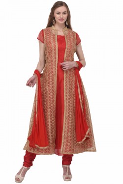 Beautiful Red Bhagalpuri Silk Plus Size Readymade Salwar Suit with Chiffon Dupatta