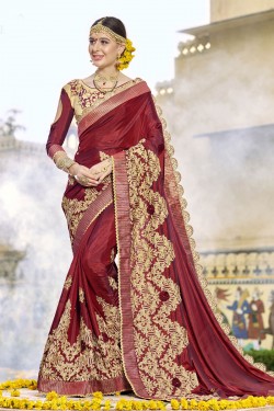 Lovely Maroon Silk Embroidered Wedding Saree With Cotton Blouse