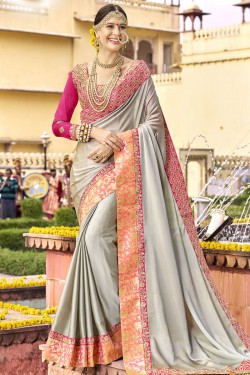 Classic Grey Silk Embroidered Wedding Saree With Cotton Blouse