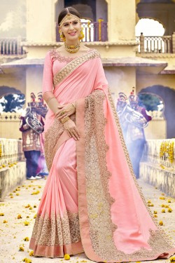 Admirable Pink Silk Embroidered Wedding Saree With Cotton Blouse