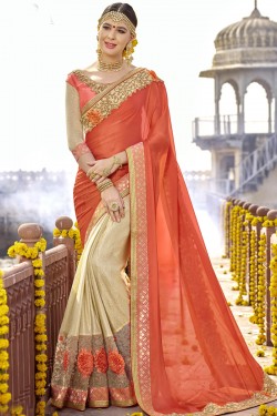 Charming Orange Silk Embroidered Wedding Saree With Cotton Blouse