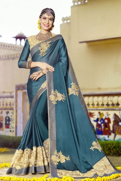 Ultimate Teal Silk Embroidered Wedding Saree With Cotton Blouse