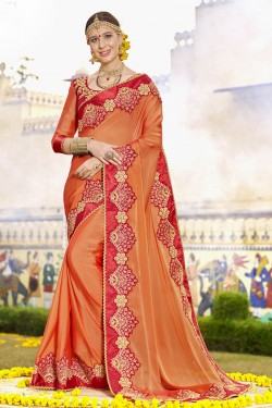Excellent Orange Silk Wedding Embroidered Saree With Cotton Blouse
