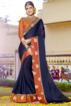 Graceful Navy Blue Silk Embroidered Wedding Saree With Cotton Blouse