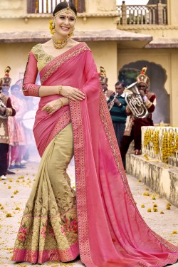 Stylish Peach and Cream Silk Embroidered Wedding Saree With Cotton Blouse
