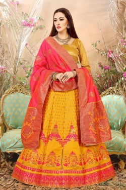 Graceful Yellow Banarasi Silk and Jacquard Printed Work Lehenga Choli