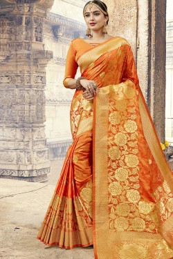 Gorgeous Orange Silk Designer Jaquard Work Saree