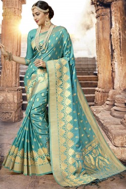 Admirable Turquoise Silk Designer Jaquard Work Saree