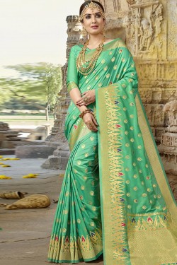 Lovely Green Silk Designer Jaquard Work Saree
