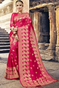 Charming Pink Silk Jaquard Work Designer Saree