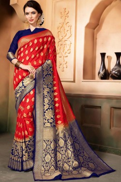 Classic Red and Blue Silk Designer Jaquard Work Saree