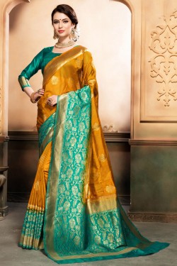 Lovely Orange and Green Silk Jaquard Work Designer Saree