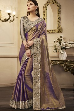 Admirable Purple Silk Designer Embroidered Party Wear Saree