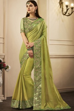 Lovely Green Silk Embroidered Designer Party Wear Saree