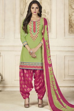 Classic Green Cotton Embroidered Work Patiala Designer Suits