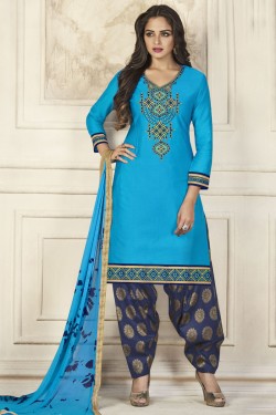 Pretty Blue Cotton Embroidered Work Patiala Designer Suits With Nazmin Dupatta