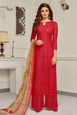 Admirable Red Cotton Embroidered Work Plazo Designer Suits
