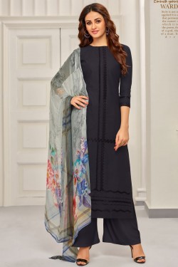 Desirable Black Cotton Embroidered Work Plazo Suits With Printed Dupatta