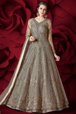 Classic Grey Net Embroidered and Stone Work Anarkali Slawar Suit
