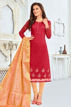 Charming Red Cotton Embroidered Work Casual Designer Salwar Suit With Banarasi Silk Dupatta