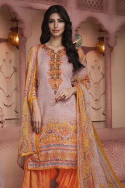 Gorgeous Peach Cotton Embroidered Work Patiala Printed Salwar Suit