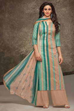 Beautiful Green and Beige Cotton Embroidered Work Plazo Printed Salwar Suit